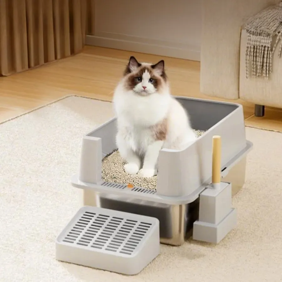 Direct-out semi-enclosed cat litter box